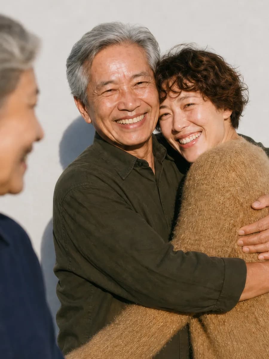 An older man hugging his adult daughter, both laughing in the sun